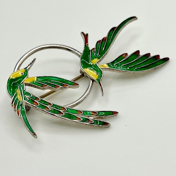 A. DRAGSTED Denmark Sterling Silver Enamel Hummingbirds Bird Brooch Pin 1950s - Picture 3 of 8